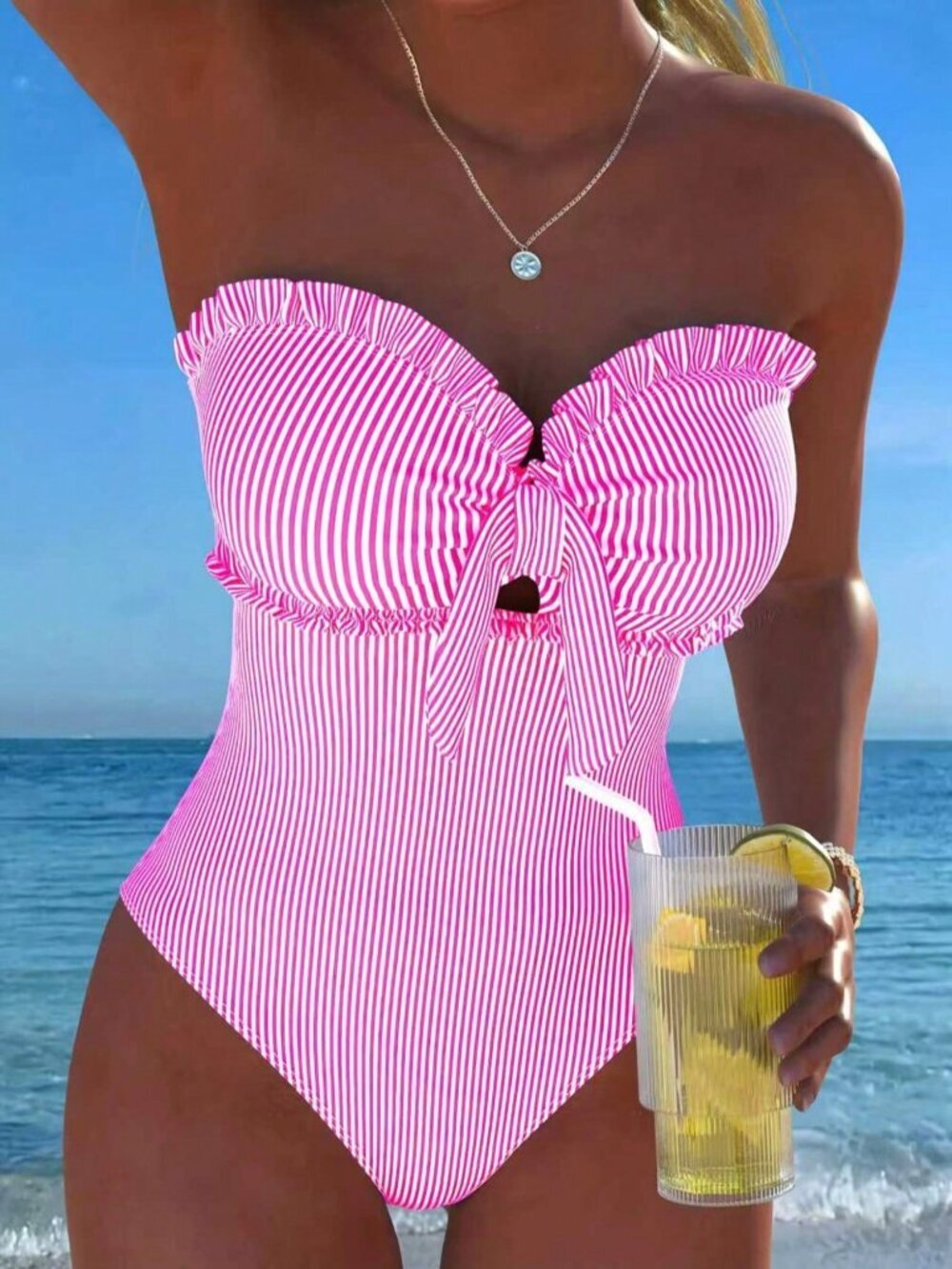 Pink Casual Women's Sexy Striped Lace Ruffle Bust Bow One-Piece Swimsuit